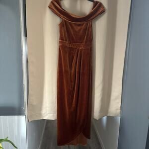 Lulus I'm Enchanted Rust Orange Velvet Off-the-Shoulder Maxi Dress
